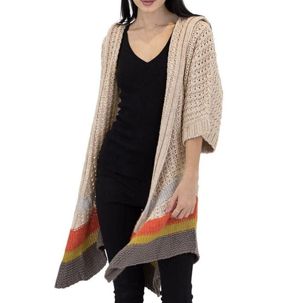 Vertigo Hooded Cardigan Womens Small Colorblock Tan Weekend Crochet Sweater Coat
